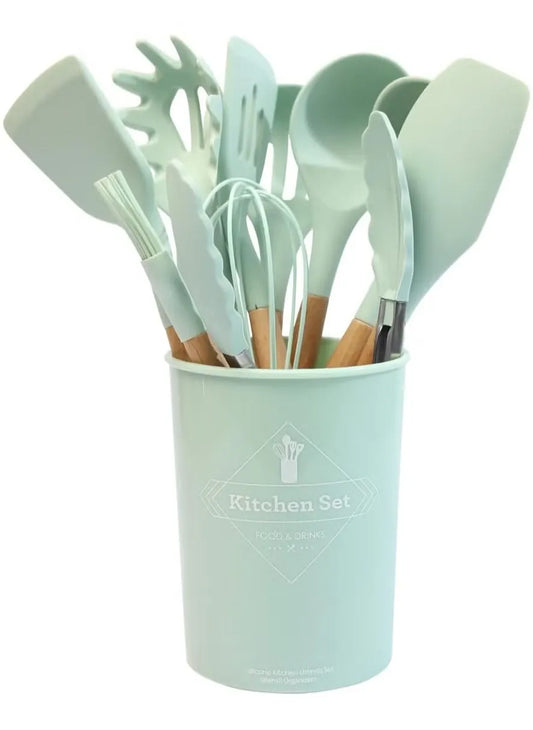 12 Pieces Silicone Kitchen Utensil Wooden Handles Kitchen Spatula Sets with Holder Spoon Turner Tongs(Mint Green)