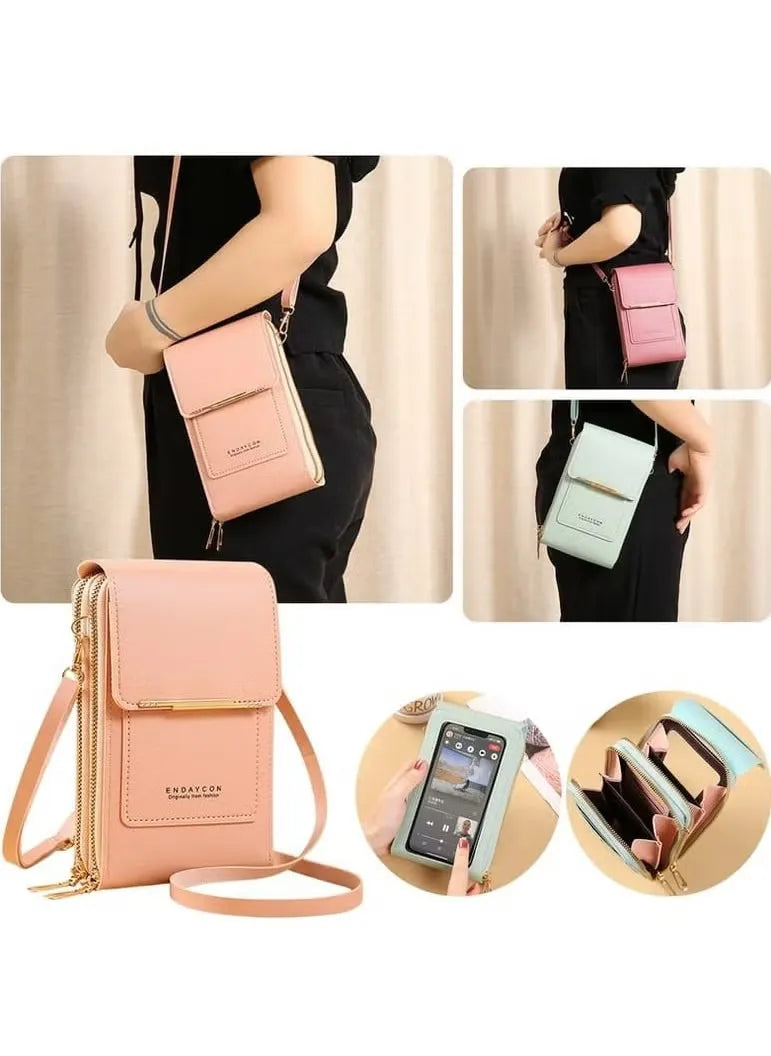 Phone Bag for Women, Leather Handbags Mobile Phone Pouch with Long Strap Zips Card Slots, Small Cellphone Shoulder Bags Coin Purse Wallet Gifts for Girl (Touchscreen-Brown)