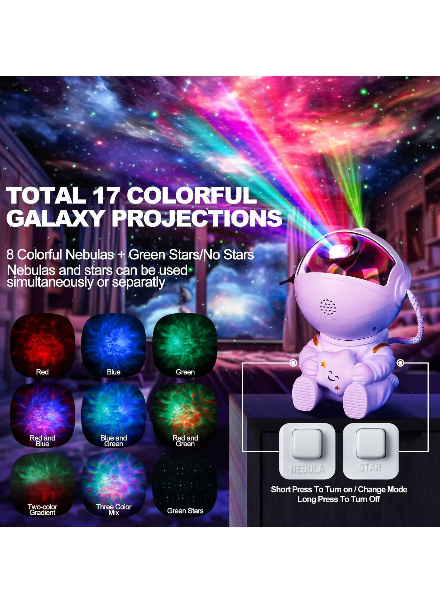 Astronaut Galaxy Star Projector with 8 Modes – Starry Night Light & Nebula Ceiling Lamp, 360° Adjustable with Remote, Perfect for Kids & Adults Bedroom Aesthetic Decore