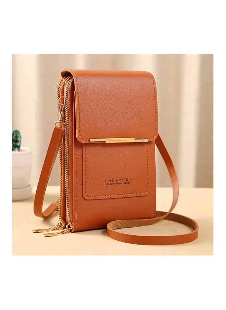 Phone Bag for Women, Leather Handbags Mobile Phone Pouch with Long Strap Zips Card Slots, Small Cellphone Shoulder Bags Coin Purse Wallet Gifts for Girl (Touchscreen-Brown)