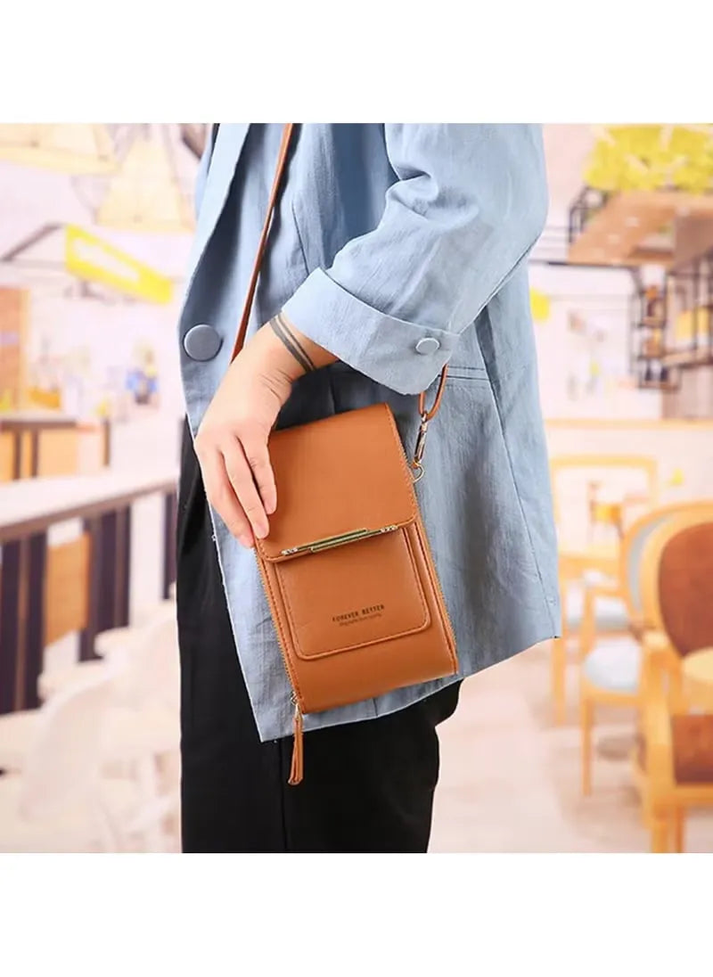 Phone Bag for Women, Leather Handbags Mobile Phone Pouch with Long Strap Zips Card Slots, Small Cellphone Shoulder Bags Coin Purse Wallet Gifts for Girl (Touchscreen-Brown)